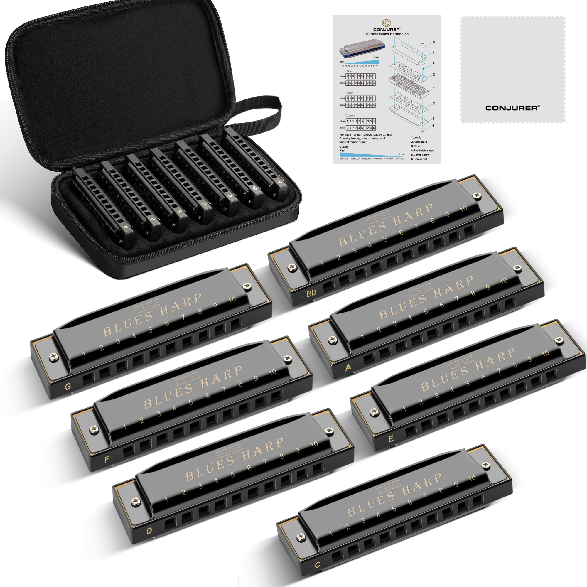 Harmonica 10 Hole - Conjurer 10 hole blues harmonica set